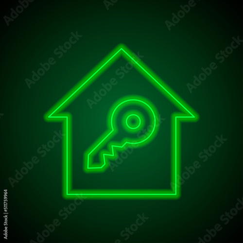 Key, house simple icon, vector. Flat desing. Green neon on black background with green light.ai