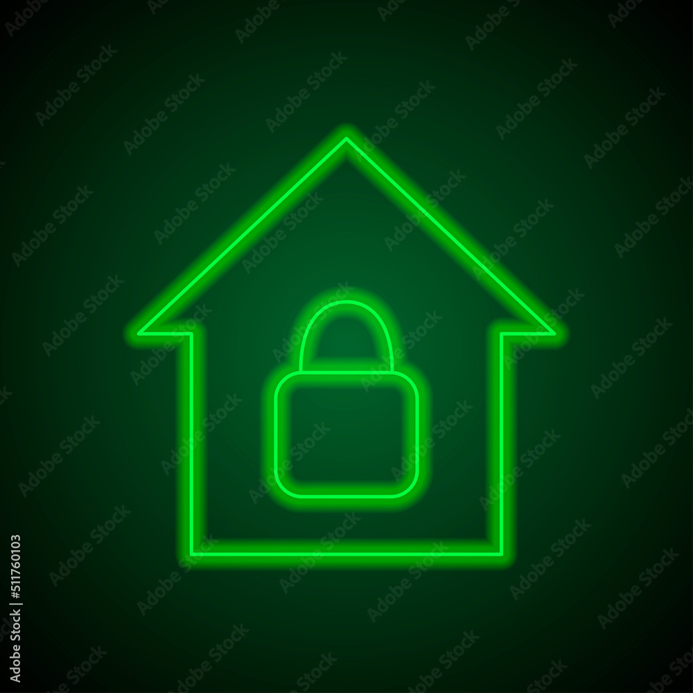 Lock, house simple icon. Flat design. Green neon on black background with green light.ai Lock, house simple icon. Flat design. Green neon on black background with green light.ai