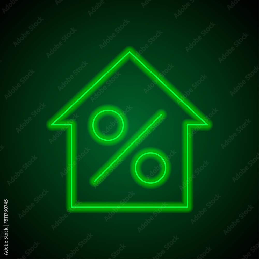 Percent, house simple icon vector. Flat desing. Green neon on black background with green light.ai Percent, house simple icon vector. Flat desing. Green neon on black background with green light.ai