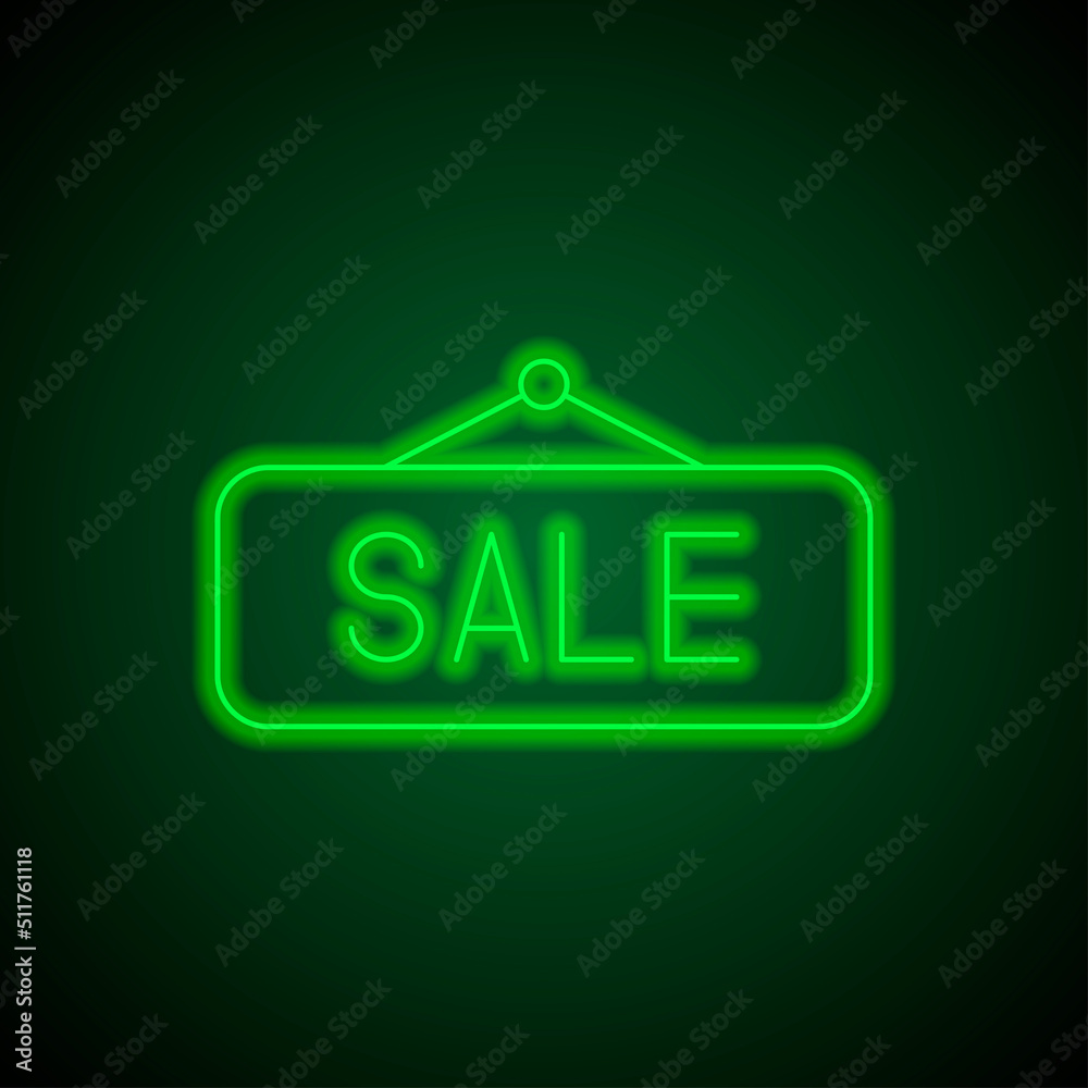 Sale banner simple icon vector. Flat design. Green neon on black background with green light.ai Sale banner simple icon vector. Flat design. Green neon on black background with green light.ai
