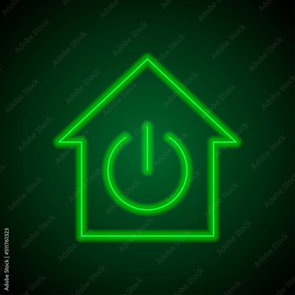 Shut down, house simple icon vector. Flat design. Green neon on black background with green light.ai Shut down, house simple icon vector. Flat design. Green neon on black background with green light.ai