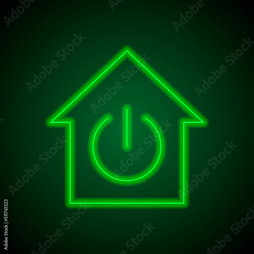 Shut down, house simple icon vector. Flat design. Green neon on black background with green light.ai