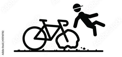 Beware  dirt road  stones  pebble or obstacles in the way. Cartoon stickman  stick figure man symbol. Falling down off a bike. Road  traffic accident  person fals of the bicycle. Sport  race  wheels.
