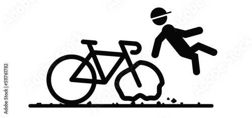 Beware, dirt road, stones, pebble or obstacles in the way. Cartoon stickman, stick figure man symbol. Falling down off a bike. Road, traffic accident, person fals of the bicycle. Sport, race, wheels.