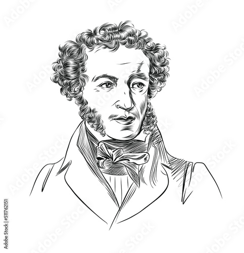 Black and white portrait of the Russian poet, playwright and novelist A.S. Pushkin. Vector drawing with thin strokes