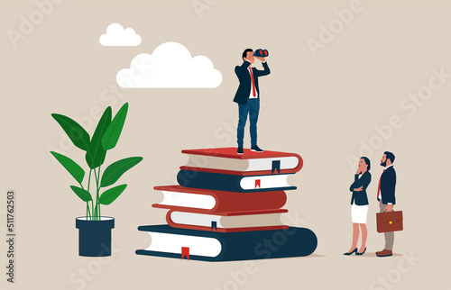 Education with man student looking on top of books with binoculars look. University, learning, knowledge symbol.