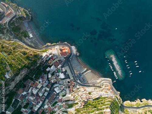 Obraz na płótnie View from above, stunning aerial view of the village of Atrani. Atrani is a city and comune on the Amalfi Coast in the province of Salerno in the Campania region of south-western Italy. w salonie