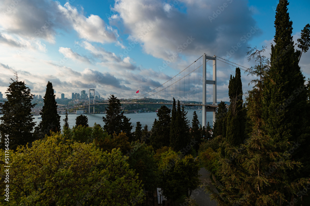 Istanbul view from Nakkastepe with cloudy sky and Bosphorus Bridge