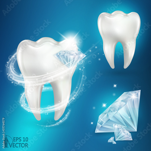 White tooth and shining diamonds set, crystal teeth whitening, clean vortex, 3d realistic vector illustration