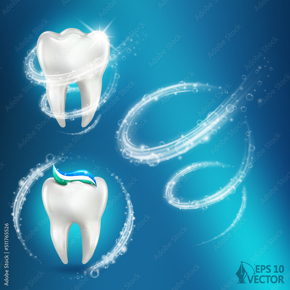 3d realistic vector healthy glowing tooth. Foam vortex around white tooth and mint toothpaste. Dental care, protection and whitening illustration