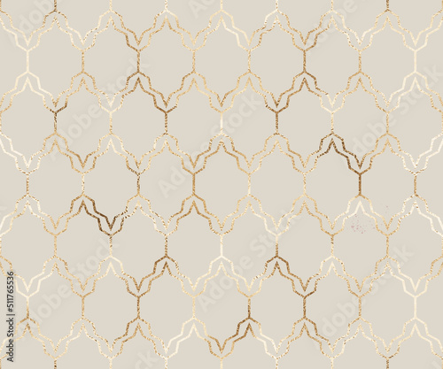 Moroccan seamless pattern with gold geometric shape tiles. photo