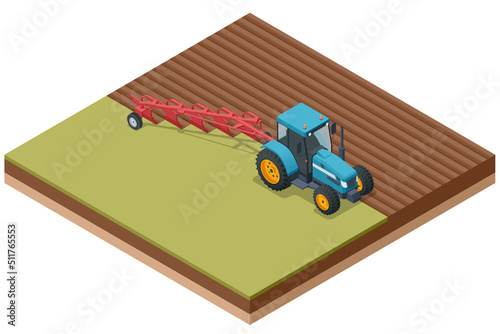 Isometric Farming plowing the field in spring. Farmer in agricultural tractor at work. Tractor ploughing field.