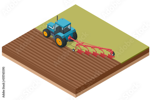 Isometric Farming plowing the field in spring. Farmer in agricultural tractor at work. Tractor ploughing field.