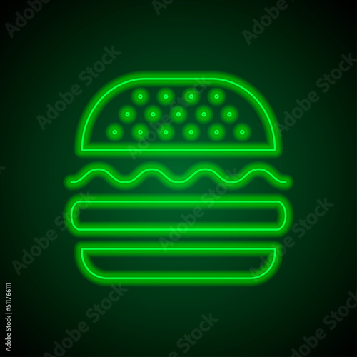 Burger simple icon, vector. Flat desing. Green neon on black background with green light.ai