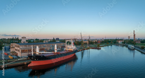 Aerial view of the port and wharf in Riga Latvia with huge tankers docked.