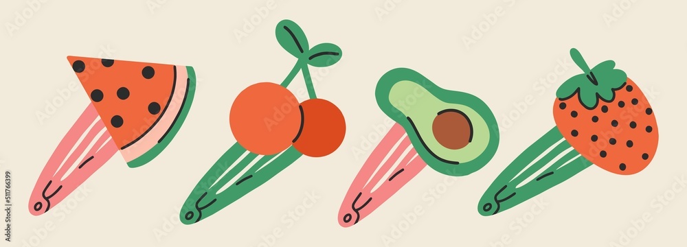 A set of various multi-colored hairpins in the shape of fruits. Hair accessories, beauty design. Women's salon concept. Flat design, hand drawn, cartoon. A set of various multi-colored hairpins in the shape of fruits. Hair accessories, beauty design. Women's salon concept. Flat design, hand drawn, cartoon.