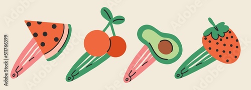 A set of various multi-colored hairpins in the shape of fruits. Hair accessories, beauty design. Women's salon concept. Flat design, hand drawn, cartoon.
