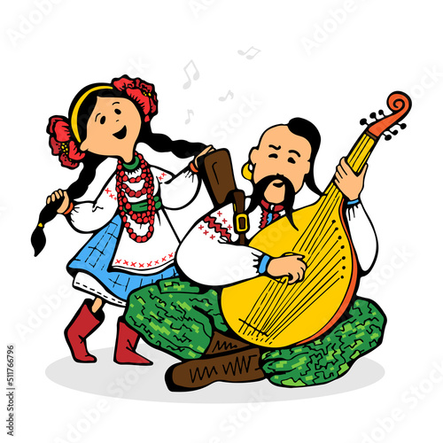 Girl sings and Kozak plays the musical instrument bandura in national clothes