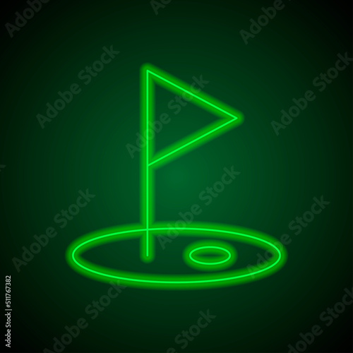 Golf simple icon vector. Flat design. Green neon on black background with green light.ai