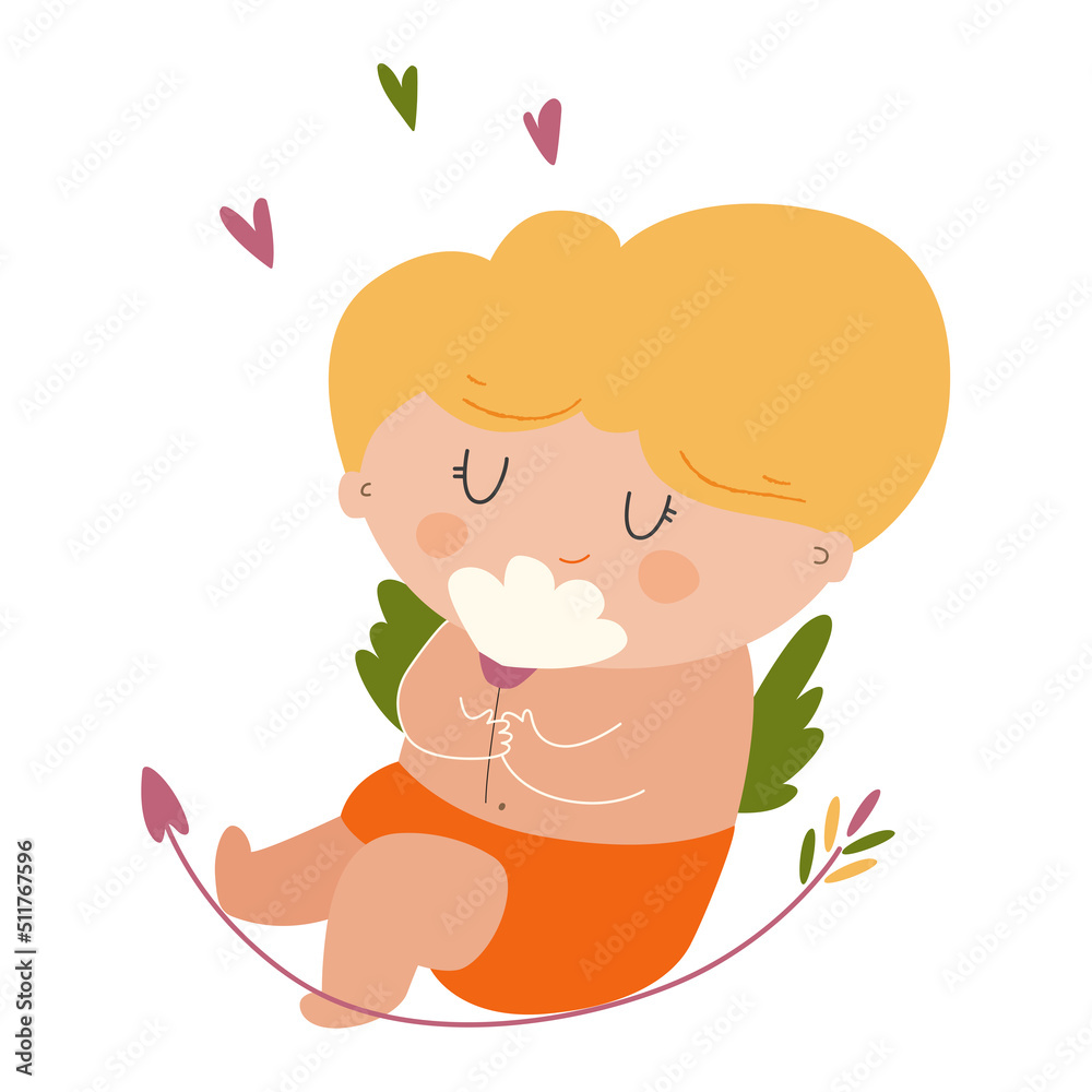 Vector illustration of cartoon cupid. Cute cupid in cartoon style with hearts. 