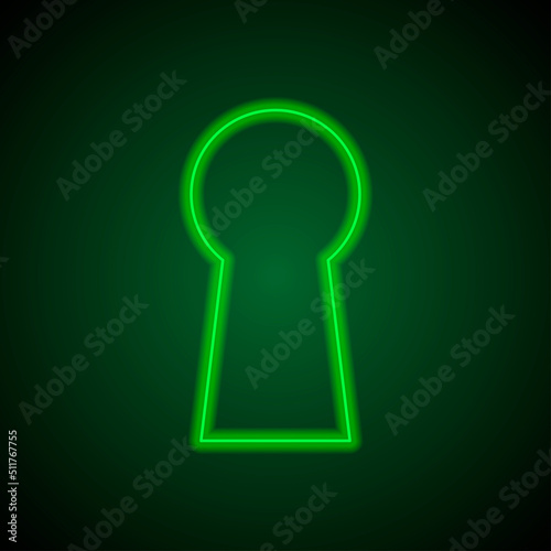 Keyhole simple icon vector. Flat design. Green neon on black background with green light.ai