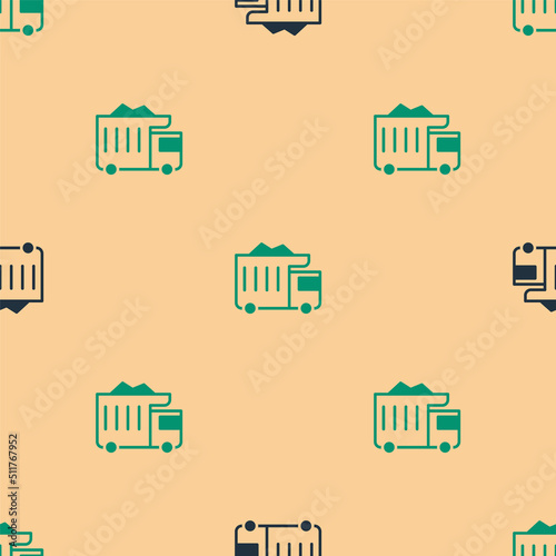 Green and black Large industrial mining dump truck icon isolated seamless pattern on beige background. Big car. Vector