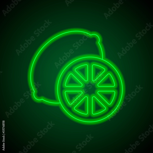 Lemon, slice simple icon vector. Flat design. Green neon on black background with green light.ai