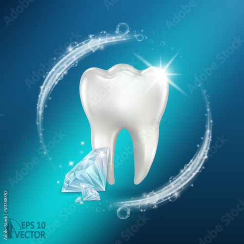 Realistic white shining tooth, crystal whitening, glowing diamond, dental advertisement, 3d vector illustration