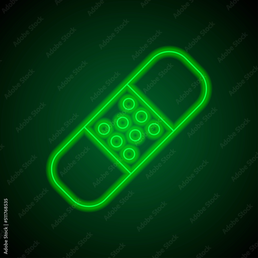 Medical plaster simple icon vector. Flat design. Green neon on black background with green light.ai Medical plaster simple icon vector. Flat design. Green neon on black background with green light.ai