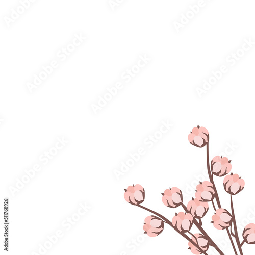 Branch of artificial cotton flower background with place for words. Can be used as invitation and design element. Top view, copy space.