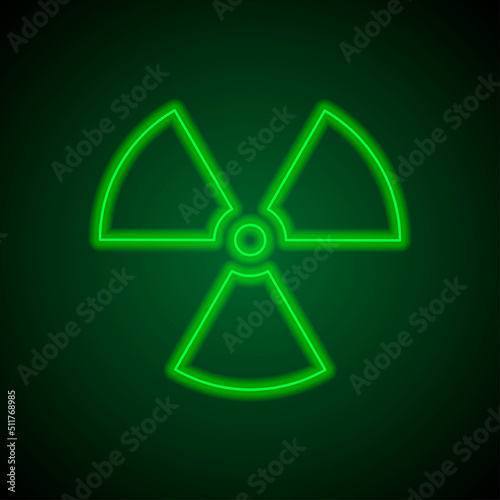 Radiation simple icon vector. Flat design. Green neon on black background with green light.ai