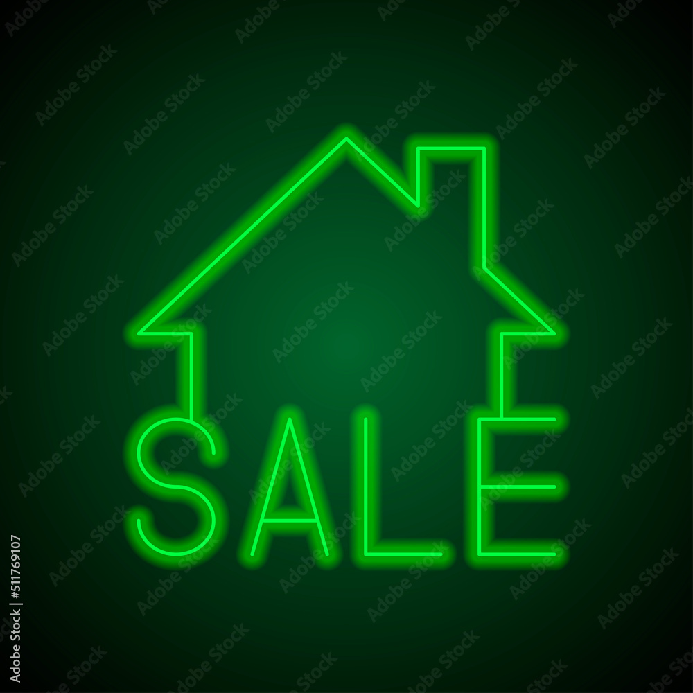 Sale, house simple icon vector. Flat design. Green neon on black background with green light.ai Sale, house simple icon vector. Flat design. Green neon on black background with green light.ai
