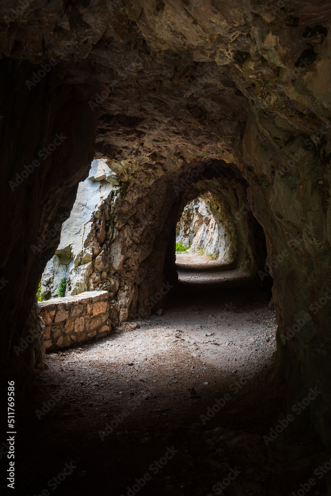Tunnels excavated in the rock on the Cares river path, Asturias.