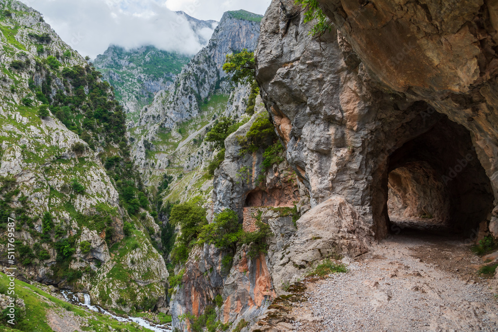 Tunnels excavated in the rock on the Cares river path, Asturias.