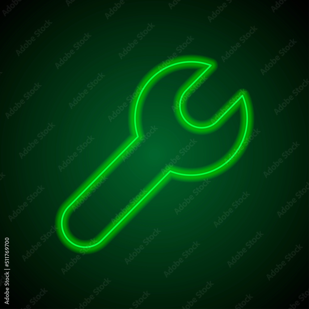 Wrench simple icon vector. Flat design. Green neon on black background with green light.ai Wrench simple icon vector. Flat design. Green neon on black background with green light.ai