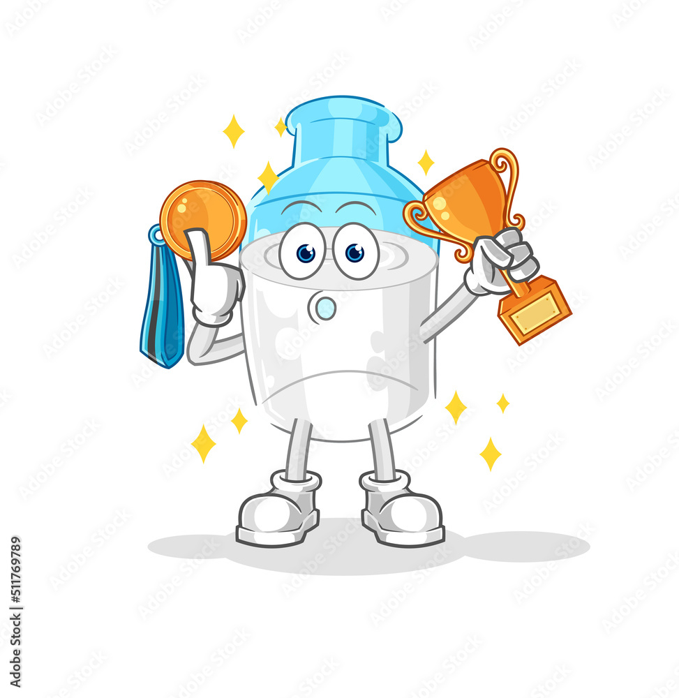 Obraz premium bottle of milk winner with trophie. cartoon character