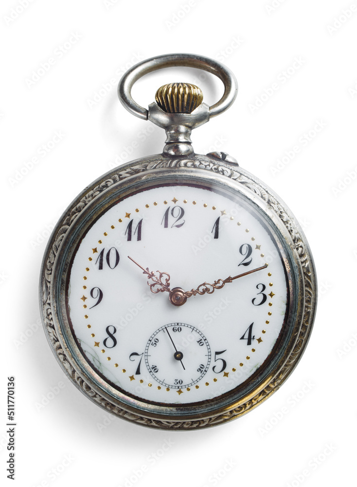 Silver antique pocket watch isolated on white. Clipping path included