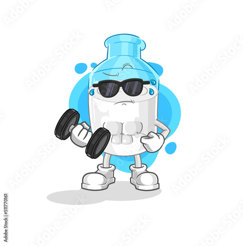 bottle of milk lifting dumbbell vector. cartoon character