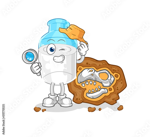 bottle of milk archaeologists with fossils mascot. cartoon vector