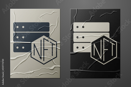 White NFT blockchain technology icon isolated on crumpled paper background. Non fungible token. Digital crypto art concept. Paper art style. Vector