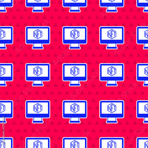 Blue Monitor with art store app icon isolated seamless pattern on red background. Technology of selling NFT tokens for cryptocurrency. Non fungible token concept. Vector
