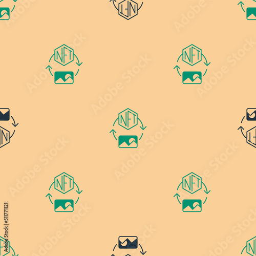 Green and black NFT Digital crypto art icon isolated seamless pattern on beige background. Non fungible token. Vector