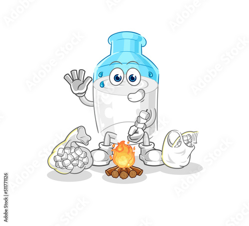 bottle of milk roasting marshmallows. cartoon mascot vector