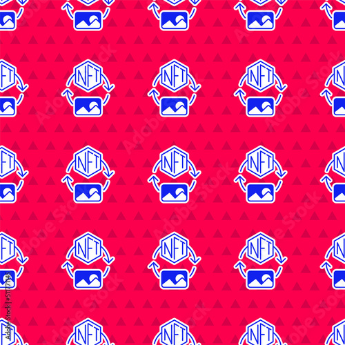 Blue NFT Digital crypto art icon isolated seamless pattern on red background. Non fungible token. Vector