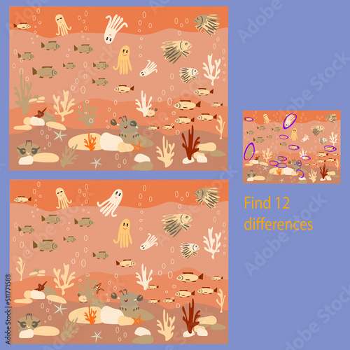 rebus for children up to 8 years old find 12 differences among marine life