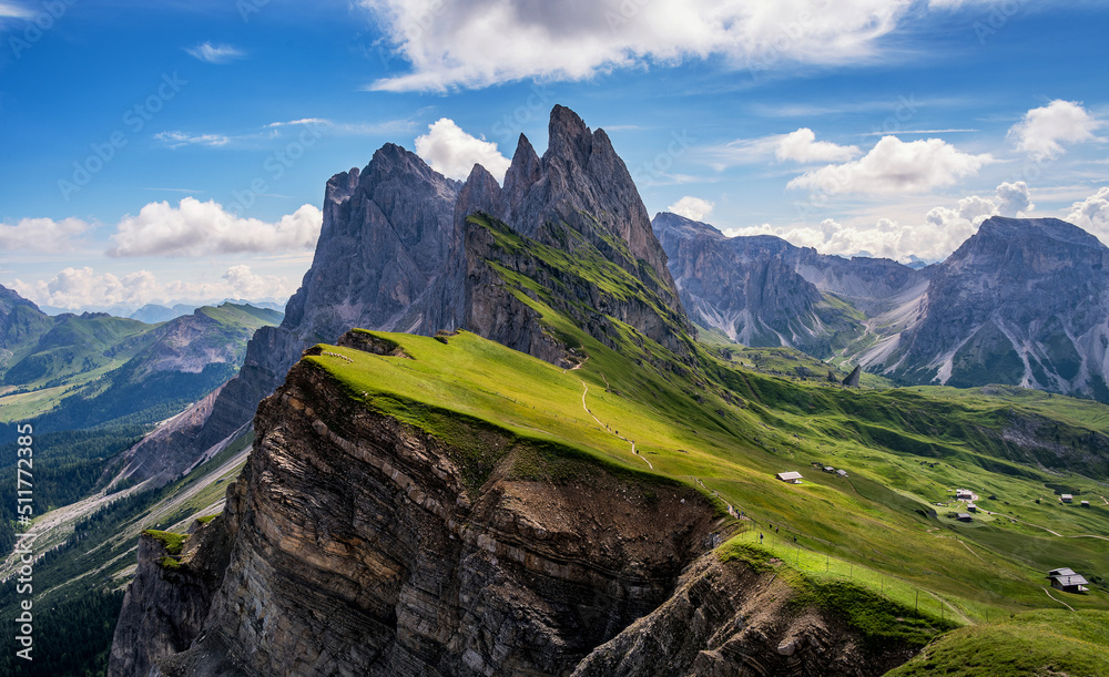 Amazing views in the Dolomites mountains. Views from Seceda over the Odle mountains are spectacular.