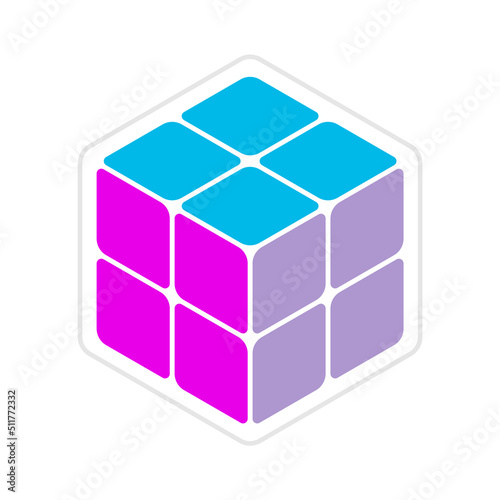 Abstract colorful cube. Cube puzzle 2x2. Pink, lavender, blue box logo template. Square toy with pieces. Construction industry and architecture solution concept. Vector illustration, 3D, clip art. 
