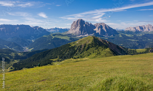 Dolomites mountains on a summer day, perfect for hiking and trekking over the forest paths. 
