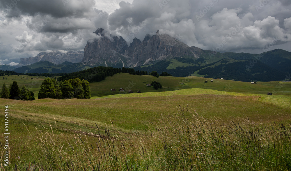 Fototapeta premium Dark and gloomy atmosphere at alpe di siusi in italian Dolomites.