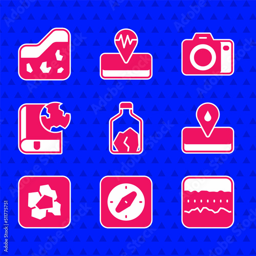 Set Ore mining, Compass, Soil ground layers, Oilfield, Gold nugget, Earth globe and book, Photo camera and Ground icon. Vector